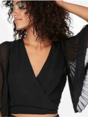 NWT! Express Sheer Black Pleated Bat Wing Crop Top Blouse XL